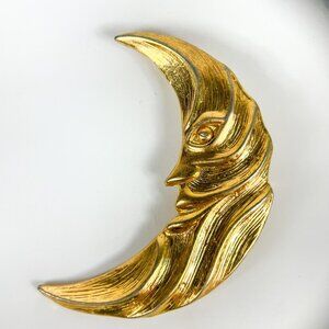 Vintage Gold-Tone Crescent Moon Face Pin Brooch Textured Modernist Brutalist